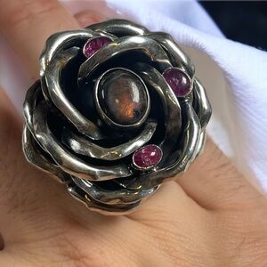 Rachel Gera Vintage Israeli Modernist 925 Sterling Silver Ring Rubies Moonstone